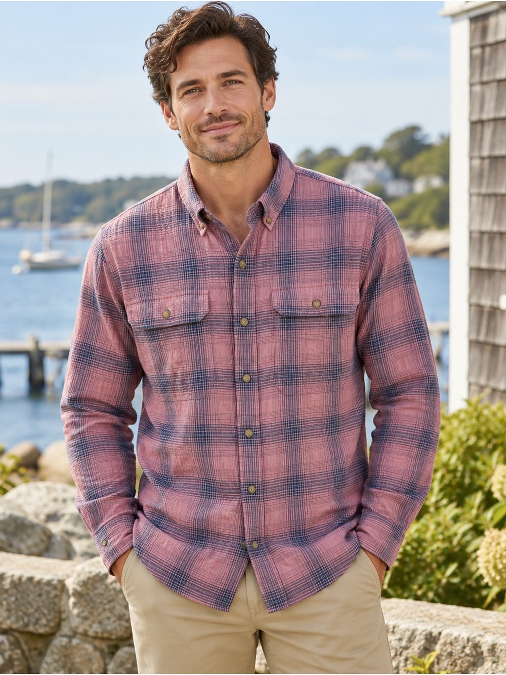 L.L.Bean Men’s Sunwashed Textured Plaid Shirt M Slightly Fitted Button Down Outd
